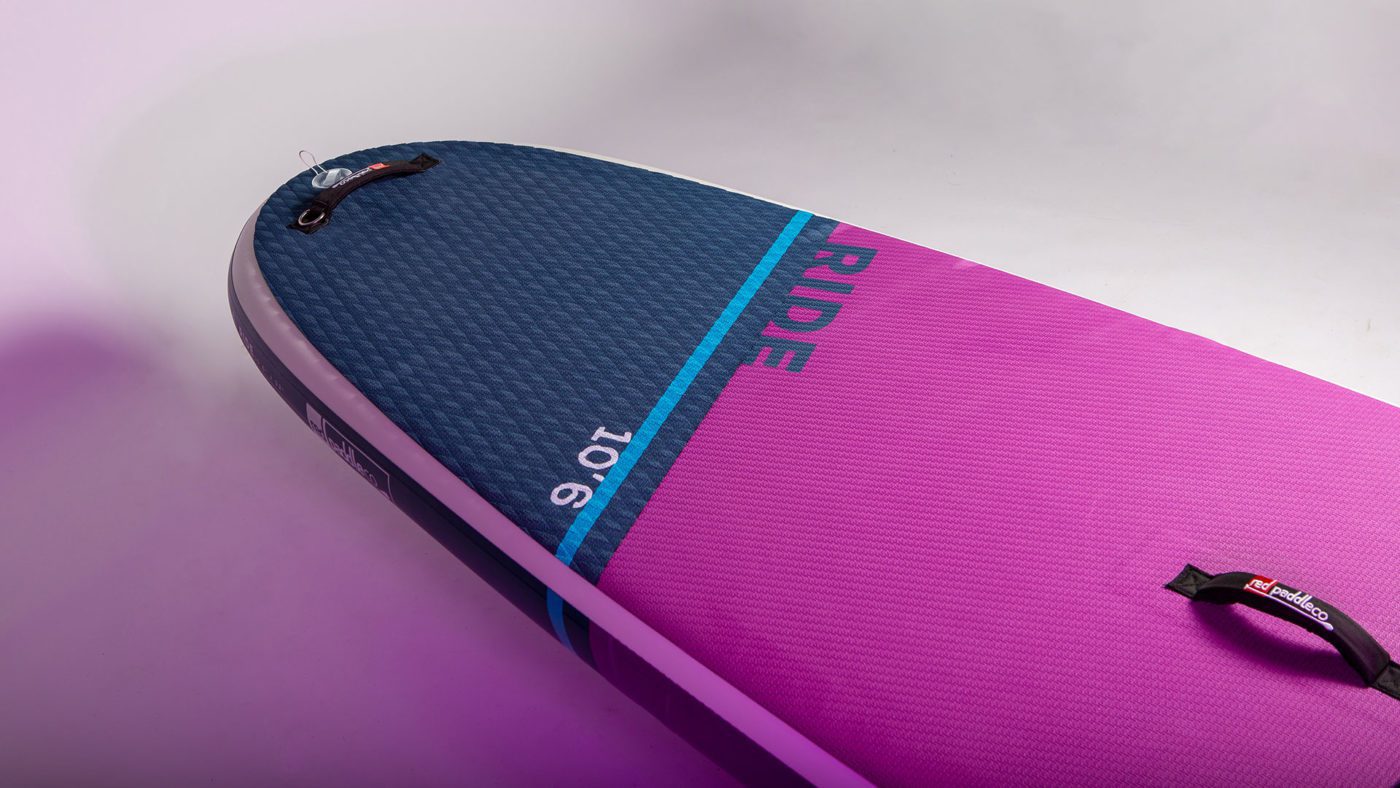 The 2021 Red Paddle Co Ride 10'6" SE deck section of the tail. The Ride is available at Riverbound Sports.