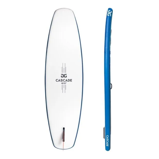 The 2021 Aquaglide Cascade 10'0" inflatable SUP bottom and side view.
