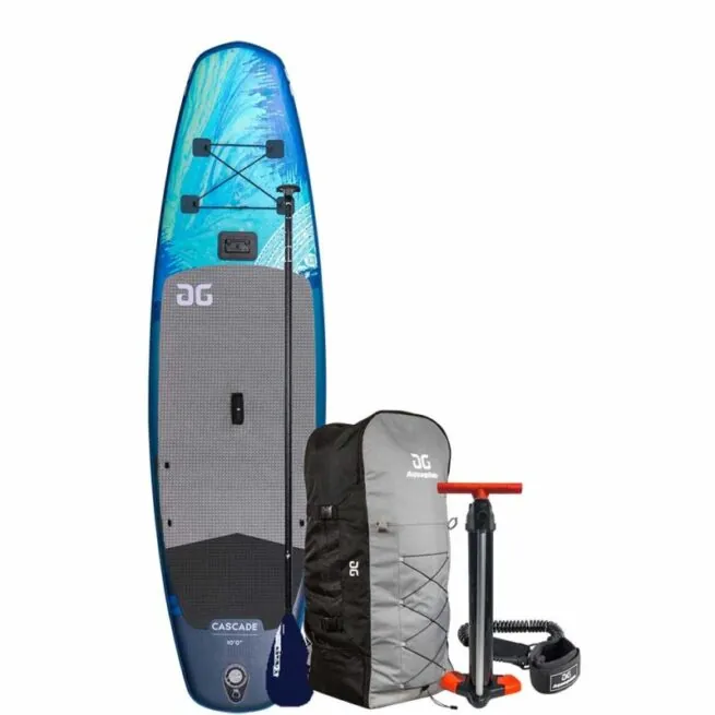 The Aquaglide Cascade 10' X 30" SUP Package including the board with the great 2021 blue graphics, Focus Travel Paddle, bag, pump and leash.