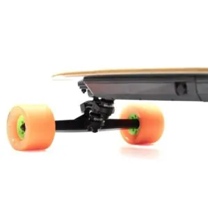 Evolve Skateboards Stoke with orange front trucks.