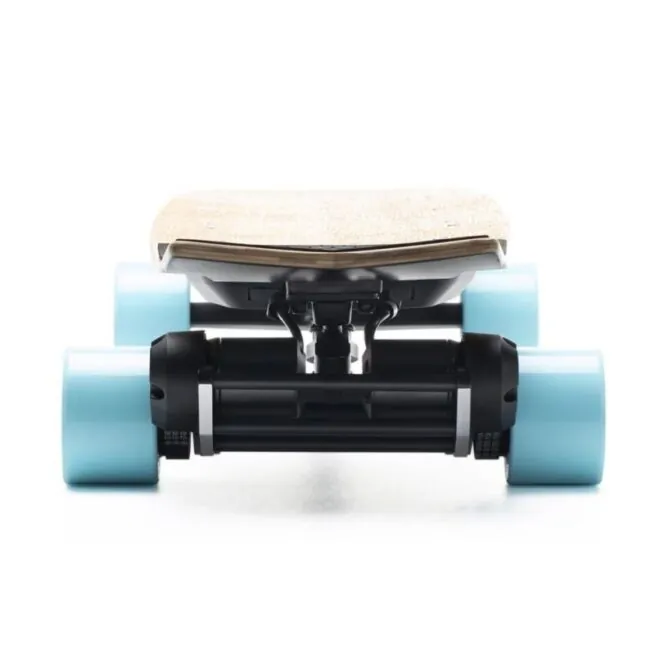 Evolve Skateboards Stoke with blue wheels picture from the back.