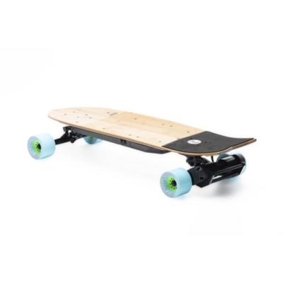 Evolve Skateboards Stoke with blue wheels angle view of side and top.