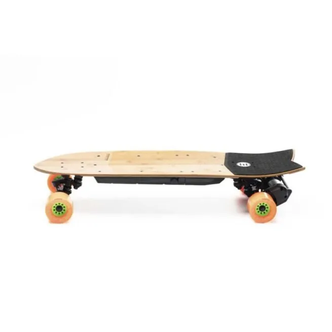 Evolve Skateboards Stoke with orange wheels angle view of side.
