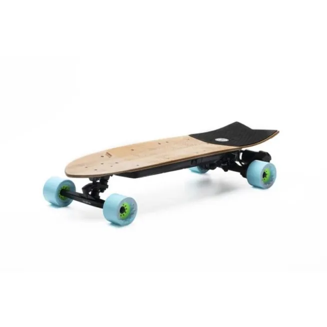 Evolve Skateboards Stoke with blue wheels angle view of side and top.