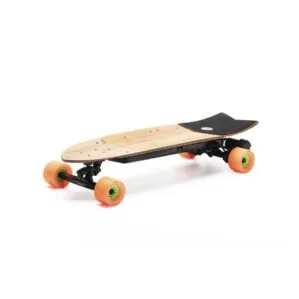 Evolve Skateboards Stoke with orange wheels angle view of side and top.
