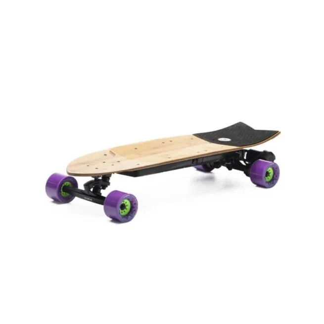 Evolve Skateboards Stoke with purple wheels angle view of side and top.