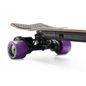 Evolve Skateboards Stoke with purple wheels rear wheel view from the side.