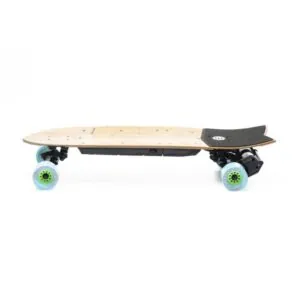 Evolve Skateboards Stoke with blue wheels angle view of side.