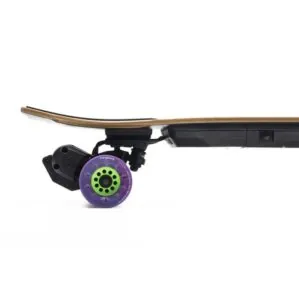 Evolve Skateboards Stoke with purple wheels rear wheel view from the side.