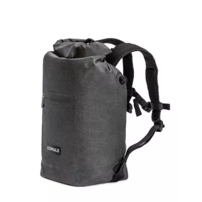 IceMule Jaunt 15L coolers backpack side view with straps in black on the snow grey bag.