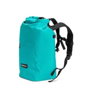 IceMule Jaunt 15L coolers backpack side view with straps in black on the turquoise bag.