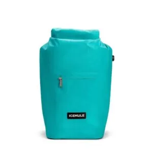IceMule Jaunt cooler backpack in turquoise cooler with dry bag pocket on front.