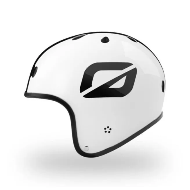 OneWheel S1 Retro helmet. White open facee helmet with two black strips and the OneWheel logo on the side in black.