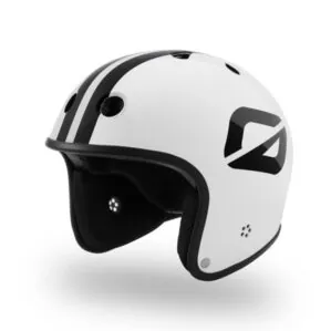 OneWheel S1 Retro helmet. White open facee helmet with two black strips and the OneWheel logo on the side in black.