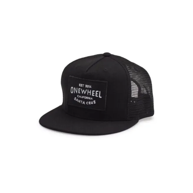 The Future Motion OneWheel trucker hat in black at Riverbound Sports in Tempe, Arizona.