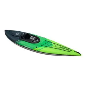 The Aquaglide Navarro 110 inflatable single person kayak in green with deck bungees