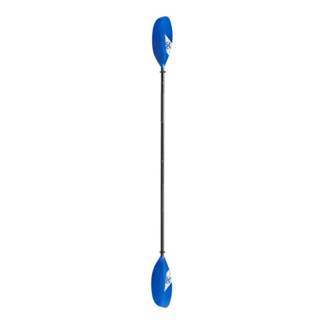 The Aquaglide 4 piece Aries kayak paddle with black aluminum shaft and blue reinforced glass blades