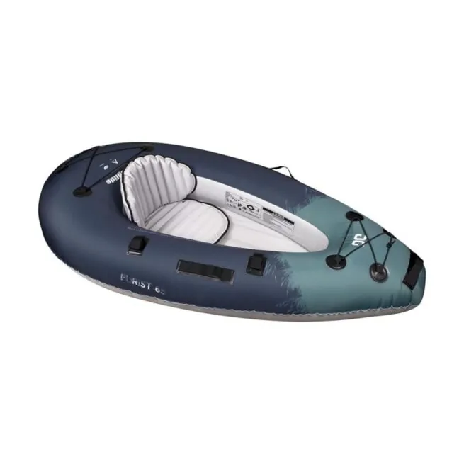 Top side angle view of the new Aquaglide UltraLight Backwoods Purist Inflatable Kayak. Teardrop shape with bungee at the nose and tail with inflatable seat.