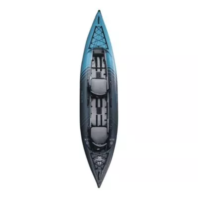 Newly redesigned Aquaglide Chelan 140 view looking down on the top of the kayak. The new dark aqua and grey color.
