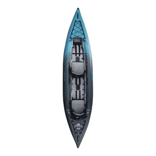 Newly redesigned Aquaglide Chelan 140 view looking down on the top of the kayak. The new dark aqua and grey color.