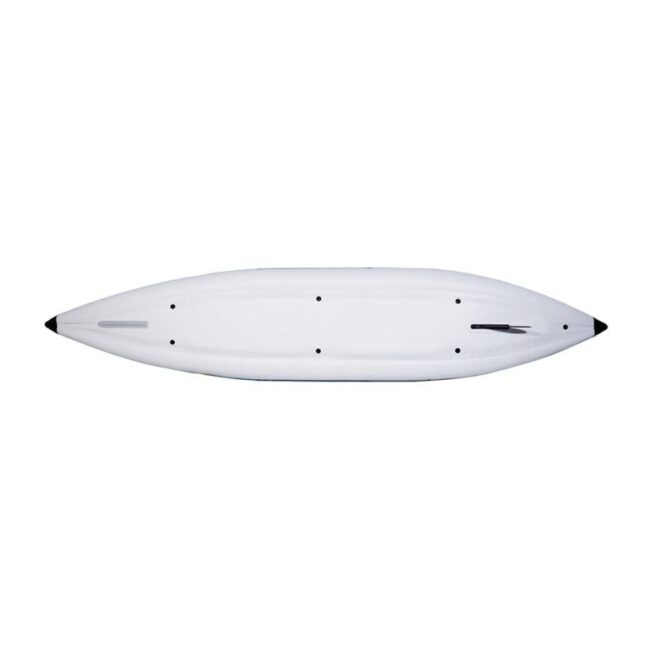 The bottom the the Aquaglide Chelan inflatable 155 inflatable drop-stitch hard bottom touring kayak and US Fin Box.