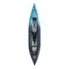 The Aquaglide Chelan 155 Solo or tandem inflatable kayak in the new dark and light blue color. Showing the open cockpit and seating.