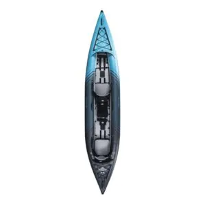 The Aquaglide Chelan 155 Solo or tandem inflatable kayak in the new dark and light blue color. Showing the open cockpit and seating.