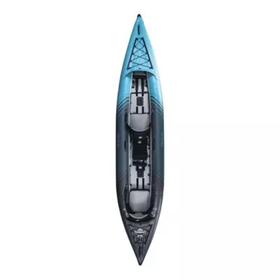 The Aquaglide Chelan 155 Solo or tandem inflatable kayak in the new dark and light blue color. Showing the open cockpit and seating.