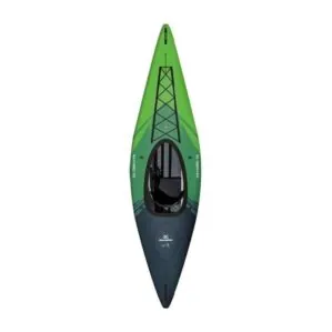 The Aquaglide Navarro 110 inflatable kayak. Color green and dark grey. cockpit and deck view.