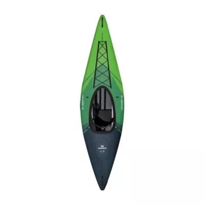 The Aquaglide Navarro 110 inflatable kayak. Color green and dark grey. cockpit and deck view.