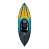 Top view of the Novo 90 inflatable kayak. Blue, yellow and dark grey color.