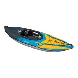 Aquaglide Novo 90 inflatable single person kayak in blue, yellow and grey.