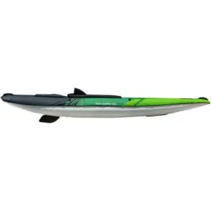 Side view of the Aquaglide Navarro inflatable kayak in green. Showing the easy remove fin at the stern of the kayak.