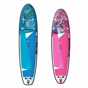 The Starboard Tikhine in Wave blue graphics and Sun pink graphics.