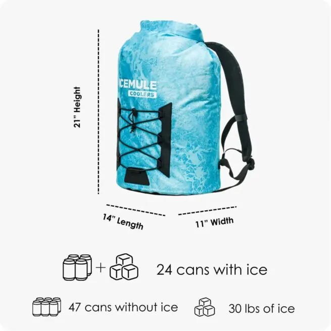 Blue IceMule cooler bag showing capacity and dimensions