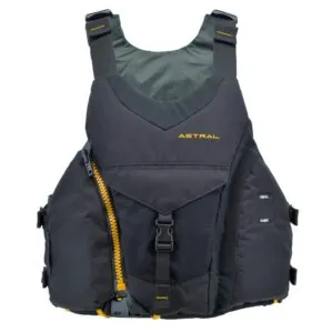 Astral Ringo life jacket front in basalt black with off center front zipper.