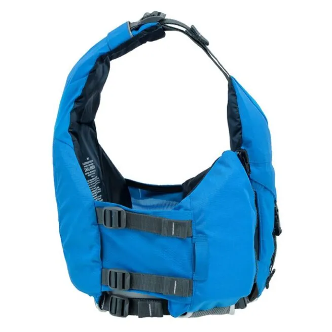 Astral Ringo life jacket side in ocean blue side adjustment straps.