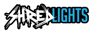 ShredLights logo in blue and white