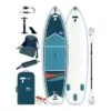 An image of the Tahe SUP-Yak 10'6" Package with kayak paddle, leash, pump, seats and bag.