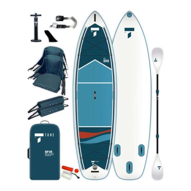 An image of the Tahe 11'6" SUP-Yak Package with kayak paddle, leash, pump, seats and bag.