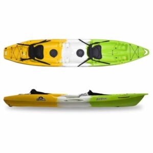 The Feelfree Corona kayak in melon color top and side view.