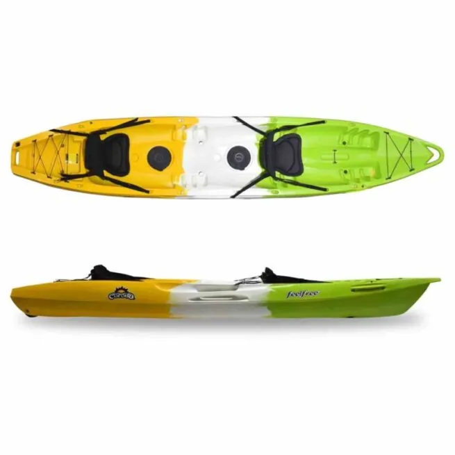 The Feelfree Corona kayak in melon color top and side view.