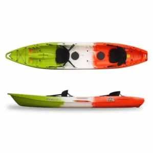 The Feelfree Corona kayak in tropical color top and side view.