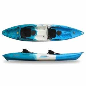 The Feelfree Gemini kayak in ice cool color top and side view.