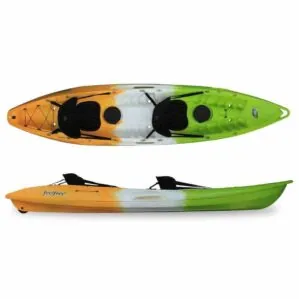 The Feelfree Gemini kayak in melon color top and side view.
