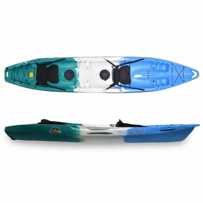 The Feelfree Corona kayak in ice cool color top and side view.