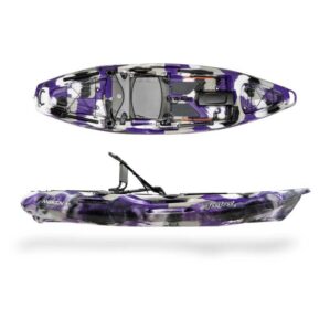 The Moken 10 V2 fishing kayak in purple camo top and side view. Available at Riverbound Sports in Tempe, Arizona.