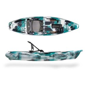 The Moken 10 V2 fishing kayak in seafoam camo top and side view. Available at Riverbound Sports in Tempe, Arizona.
