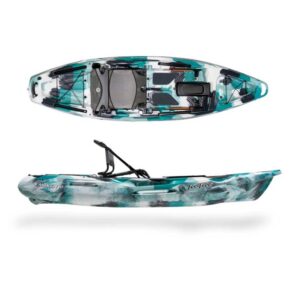 The Moken 10 V2 fishing kayak in seafoam camo top and side view. Available at Riverbound Sports in Tempe, Arizona.