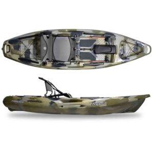The Moken 10 V2 fishing kayak in desert camo top and side view.